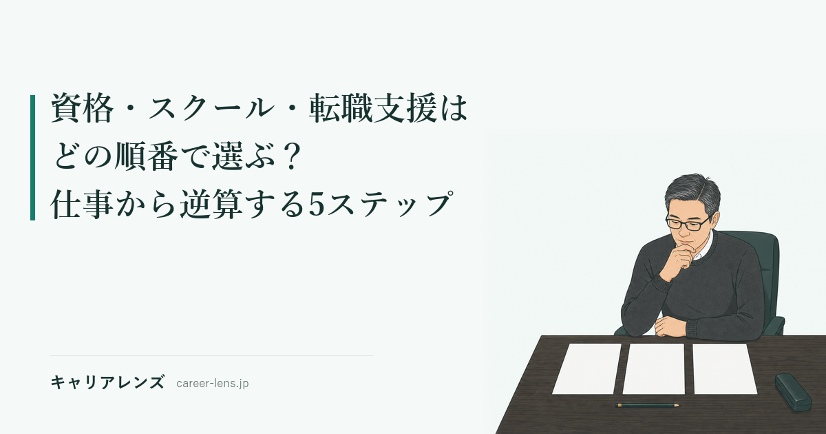 机に横一列に並べた3枚の紙を順に見る男性のイラスト