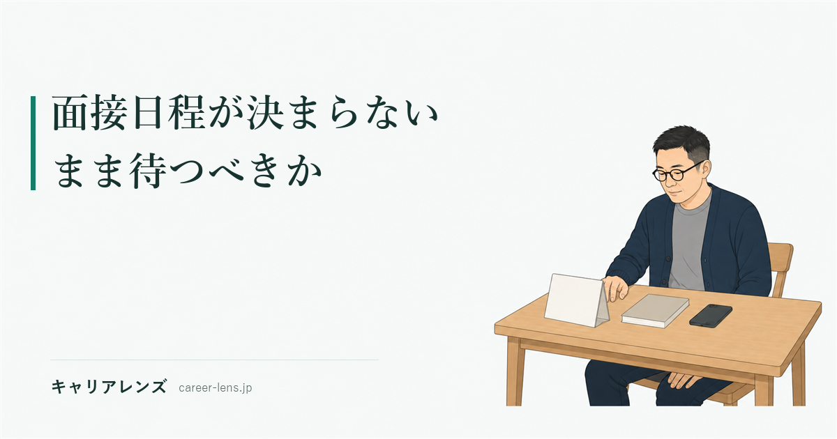 机の上のカレンダーと手帳を前に考えている男性のイラスト
